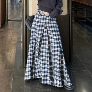 Off-Shoulder Knit Top Paired with Plaid Midi Skirt