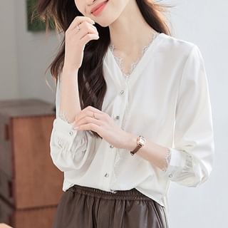 V-Neck Lace Trim Long-Sleeved Blouse