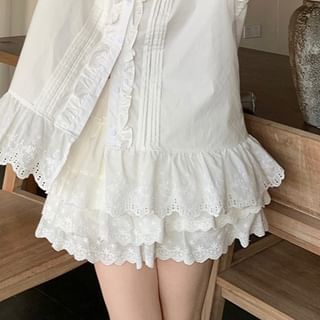 Stand Collar Eyelet Lace Pintuck Button-Up Blouse & Mini Skort