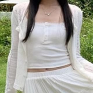 Scoop Neck Perforated Button Crop Cardigan