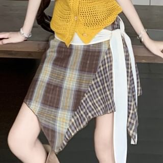 Short Sleeve Perforated Crop Cardigan / Plaid Mini A-Line Skirt