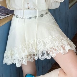 Tie Neck Blouse & Lace Trim Mini Skirt Set