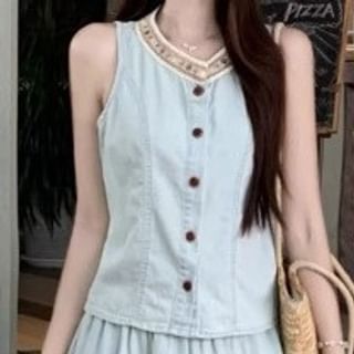 Denim Contrast Button Tank with Tiered Maxi Skirt