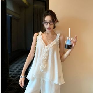 Flowy V-Neck Frill-Trimmed Plain Tank