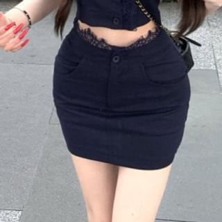Sleeveless Collared Button Up Shirt & High Waist Mini Pencil Skirt
