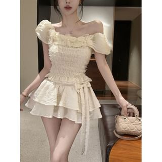 Off-Shoulder Blouse with Floral Accent and Ruffle Trim Plus High Waist Bow Hem Skort and Tiered Mini Skirt Set