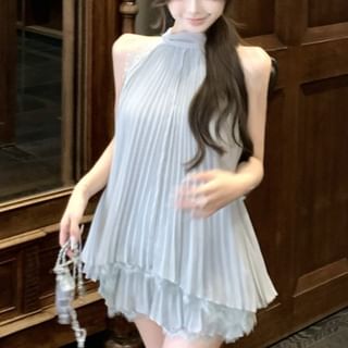Halter Pleated Lace Panel Tank Top & Mini A-Line Skirt
