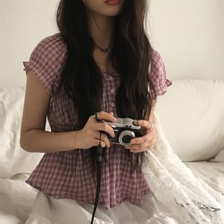 Plaid Peplum Short-Sleeved Blouse