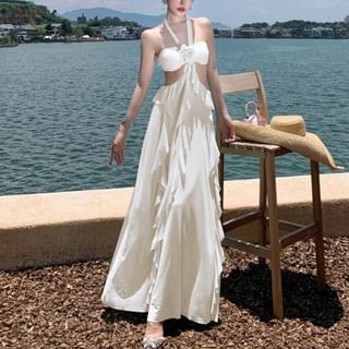Halter Neck Plain Cutout Maxi A-Line Dress