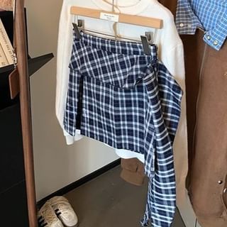 Plaid Asymmetrical Slit Mini Pencil Skirt with High Rise