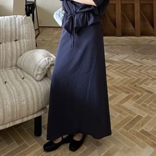 Stand Collar Drawstring Shirt with Maxi A-Line Skirt