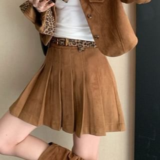 Leopard Pattern Faux Suede Jacket & Pleated Mini Skirt Set