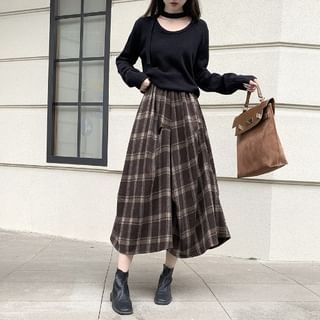 Plaid Asymmetrical Midi A-Line Skirt