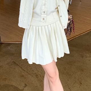Sleeveless Collared Frill Trim Crop Knit Top / Round Neck Button-Up Plain Cable Knit Cardigan / High Rise Pleated Mini A-Line Skirt