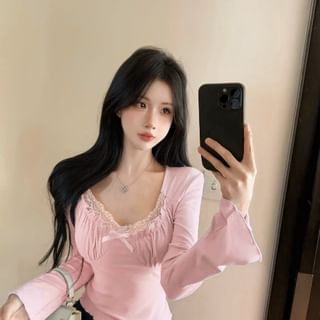 V-Neck Long Sleeve Lace Trim Crop Top