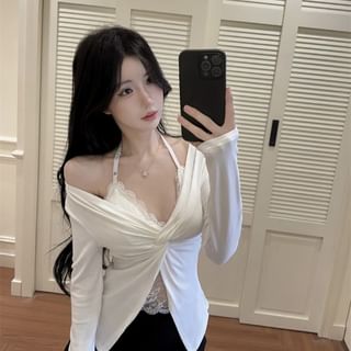 Cold Shoulder Long Sleeve Mock Two-Piece Slit Lace Top