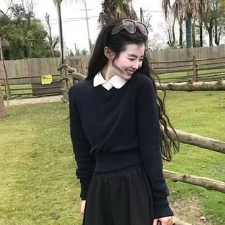 Mock Two-Piece Contrast Collar Knit Top / High Waist Midi A-Line Skirt