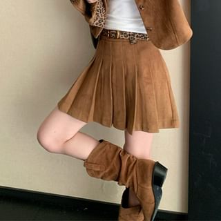 Leopard Print Faux Suede Button Jacket / Pleated Mini A-Line Skirt with Belt
