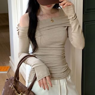 Faux Two-Piece Square Neck Cold Shoulder Long Sleeve Tee