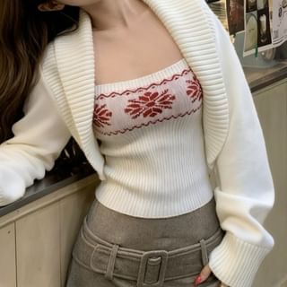 Plain Open Front Crop Cardigan / Jacquard Knit Tube Top