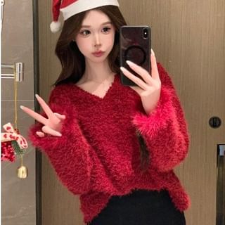 Fluffy V-Neck Sweater in Solid Color