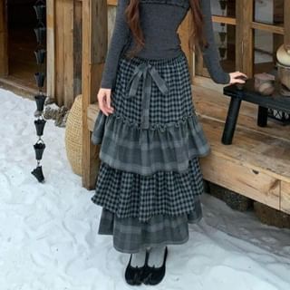Crew Neck Tee, Scoop Neck Frill Camisole & High Waist Gingham Tiered Midi Skirt Set