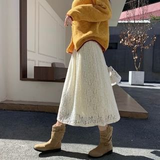 High Waist Plain Lace Midi A-Line Skirt