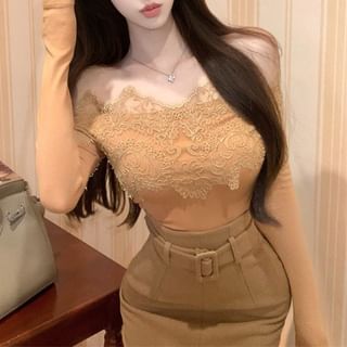 Off-Shoulder Lace Trim Top & Belted Pencil Skirt Set