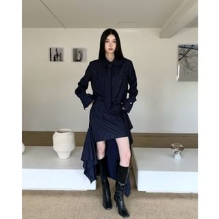 Pinstriped Long Sleeve Shirt with Necktie and Low Rise High-Low Pencil Skirt Set