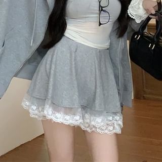 Drop-Shoulder Zip Hoodie and Lace-Trim Mini A-Line Skirt Set