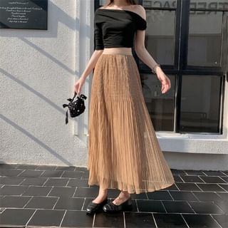 High Waist Plain Accordion Pleated Mesh Midi A-Line Skirt