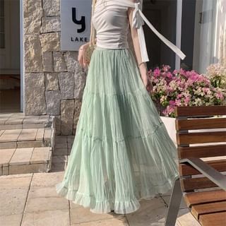 High Waist Plain Crinkle Mesh Maxi A-Line Skirt