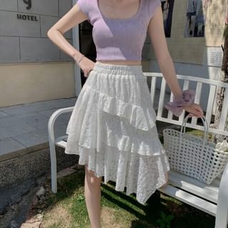 High Waist Asymmetrical Ruffle Trim Lace A-Line Skirt
