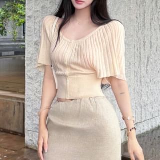 Elbow-Sleeve Scoop Neck Button Ribbed Knit Top & Mini A-Line Skirt