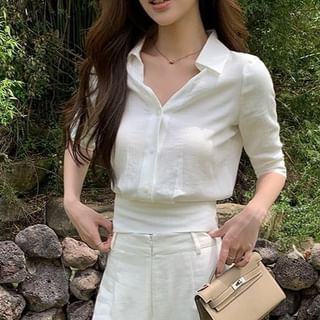 V-Neck Collared Tie Back Crop Blouse & Wide Leg Pants Set