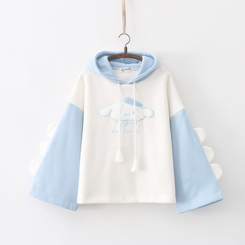 Cartoon Embroidered Pom Hooded Fleece Sweatshirt KI587