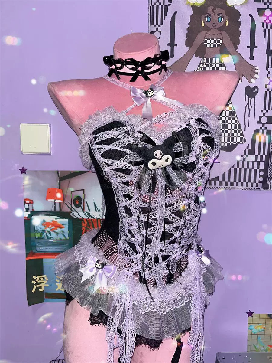 Y2K Purple Black Kuro Pure Niche Lace Suspender Vest Top