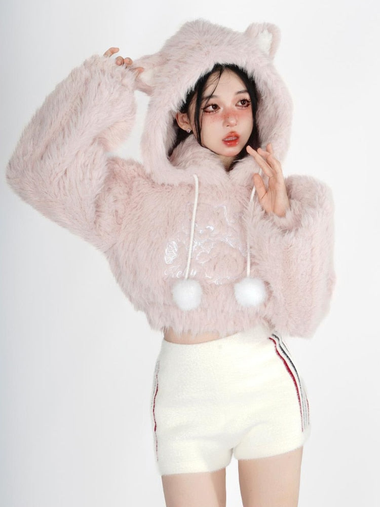 Fuzzy Cropped Kitten Hoodie
