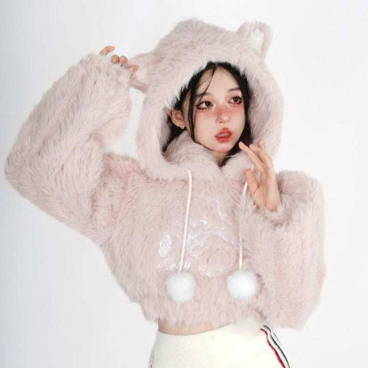 Fuzzy Cropped Kitten Hoodie