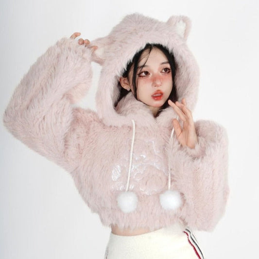 Fuzzy Cropped Kitten Hoodie