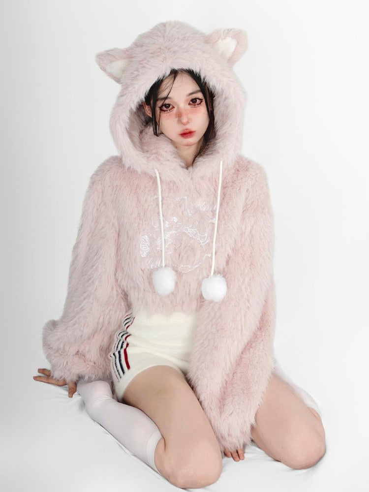 Fuzzy Cropped Kitten Hoodie