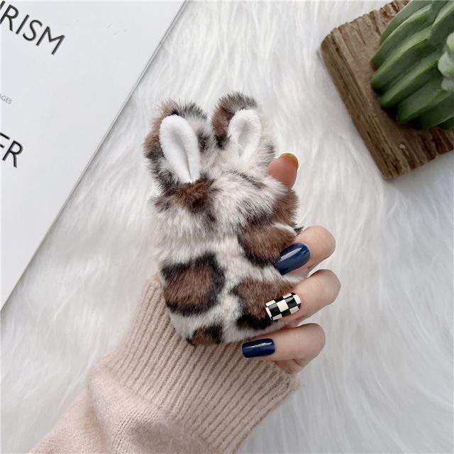 Chenille Leopard Print Rabbit Ear Airpods Earphone Case Cover
