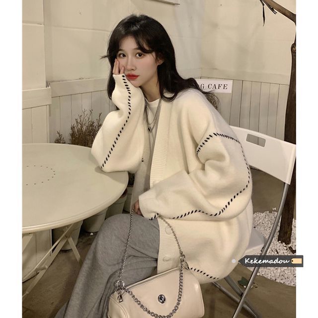 V-Neck Contrast Stitch Button-Front Cardigan