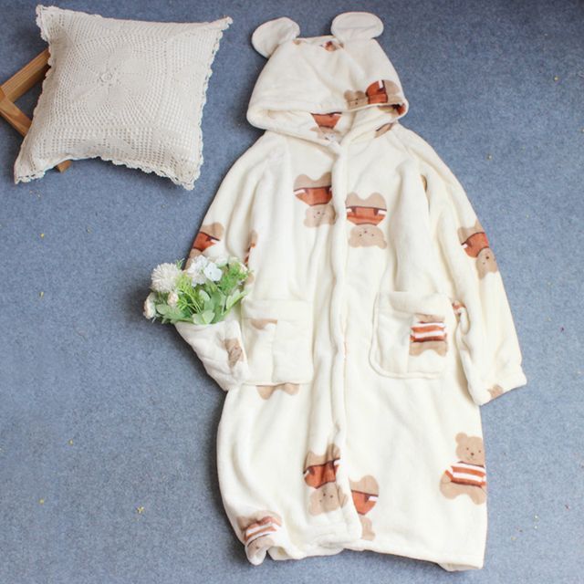 Couple Matching Long-Sleeve Bear Print Hooded Pajama Robe