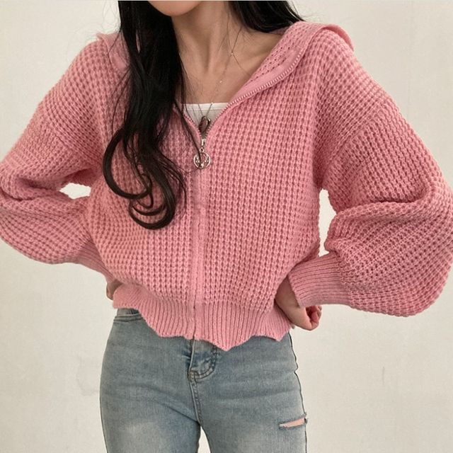 Solid Waffle Hooded Crop Knit