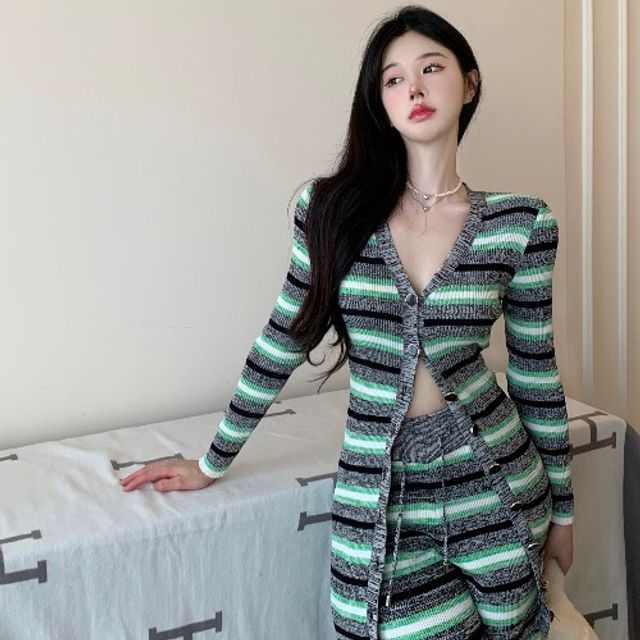 Striped Long Knit Cardigan and Wide-Leg Pants Set