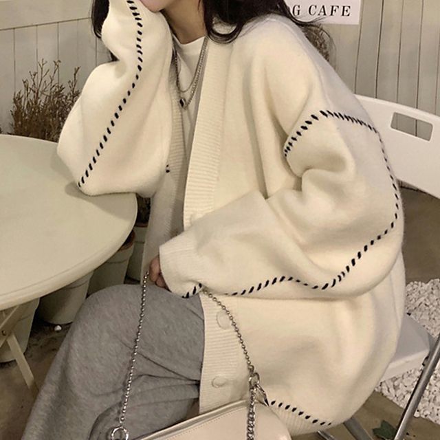Contrast Stitch V-Neck Cardigan