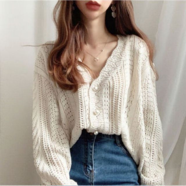Faux Pearl V-Neck Button-Up Cardigan