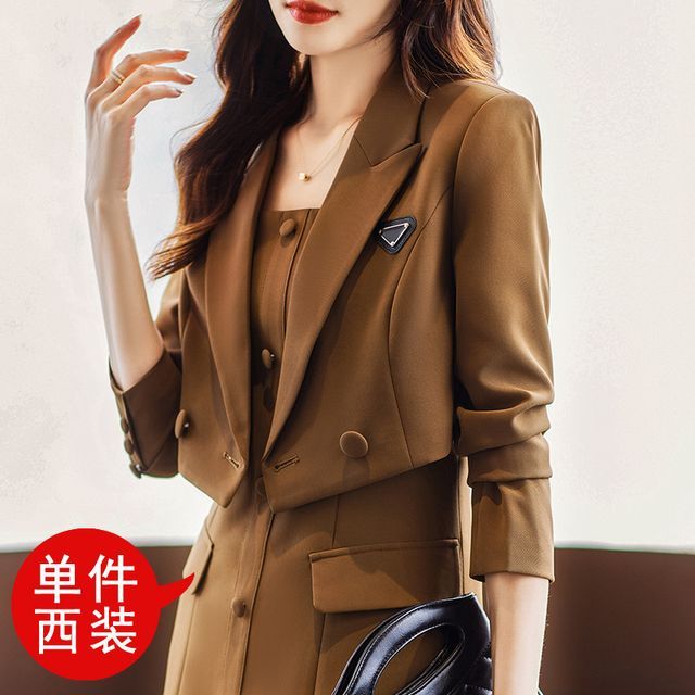 Thin Strap Solid Mini A-Line Dress / Double-Breasted Crop Blazer / Set
