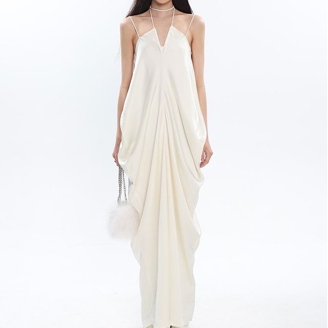 Thin Strap Solid Gathered Satin Maxi Shift Dress